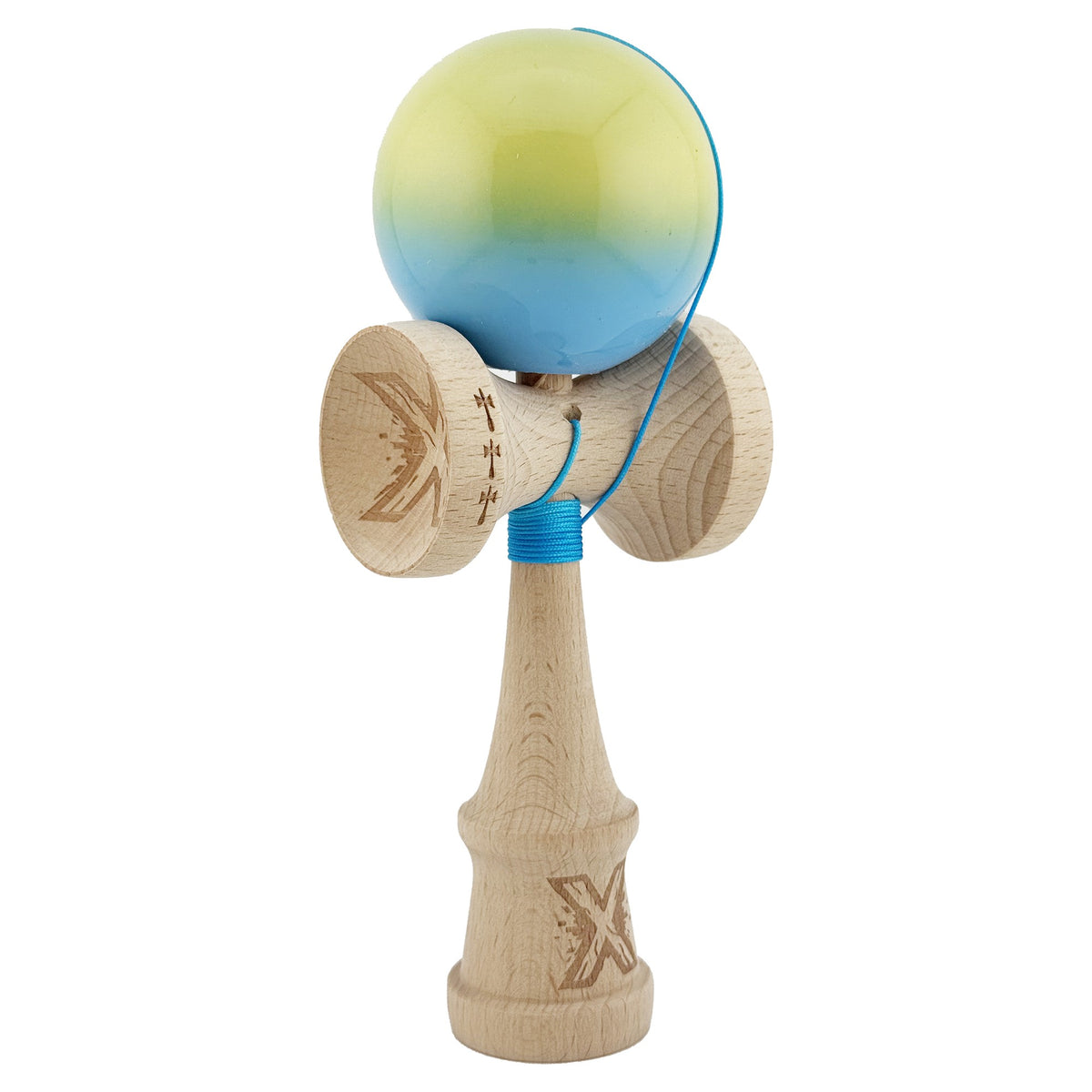 Kendama X Originala, Model Galben / Verde / Albastru, Profesionala, Cupe Mari, Super Sticky, Rulment, Ata 55cm