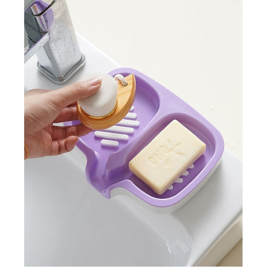 Savoniera Dubla cu Sistem de Scurgere a Apei, Suport Sapun pentru Baie si Bucatarie, Plastic ABS Rezistent, 14.5 x 18 x 3 cm, Mov/Alb