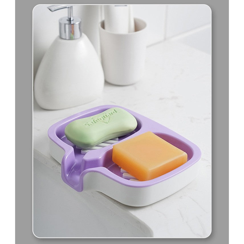 Savoniera Dubla cu Sistem de Scurgere a Apei, Suport Sapun pentru Baie si Bucatarie, Plastic ABS Rezistent, 14.5 x 18 x 3 cm, Mov/Alb