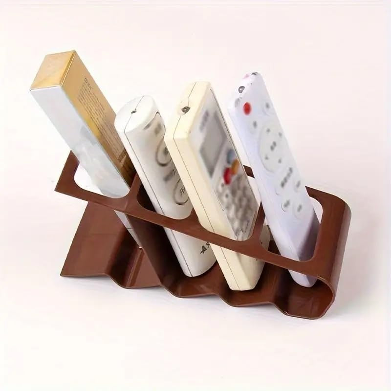 Suport Organizator de Birou pentru Telecomenzi și Telefoane, 4 Compartimente Multifuncționale, Plastic Rezistent, 18 x 7 x 9 cm, Maro