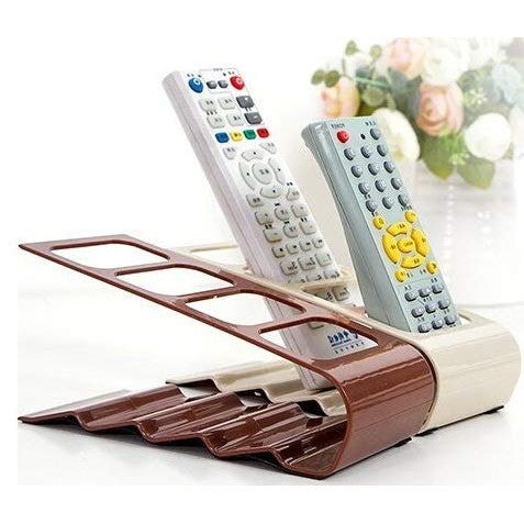 Suport Organizator de Birou pentru Telecomenzi și Telefoane, 4 Compartimente Multifuncționale, Plastic Rezistent, 18 x 7 x 9 cm, Maro