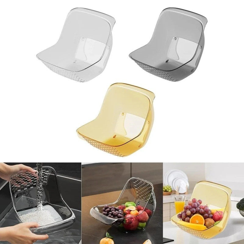Cos de Spalat Legume si Fructe, Strecuratoare Multifunctionala cu Scurgere Rapida, Plastic PET Transparent, 15.5 x 18.6 x 16.2 cm, Galben
