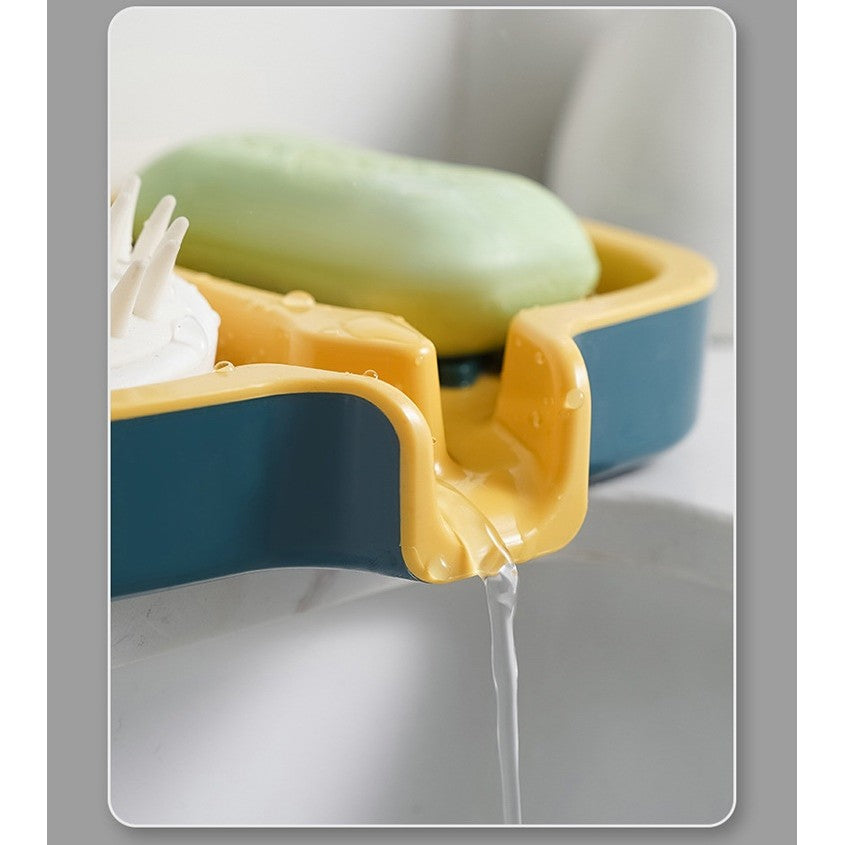 Savoniera Dubla cu Sistem de Scurgere a Apei, Suport Sapun pentru Baie si Bucatarie, Plastic ABS Rezistent, 14.5 x 18 x 3 cm, Albastru/Galben