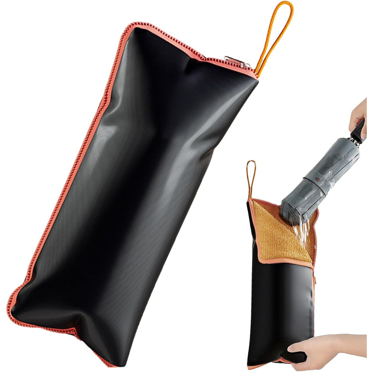 Husa Depozitare Umbrela Pliabila, Interior Microfibra Absorbanta si Exterior Impermeabil, Inchidere Fermoar, Panza Oxford, 28 x 12 cm, Negru/Portocaliu