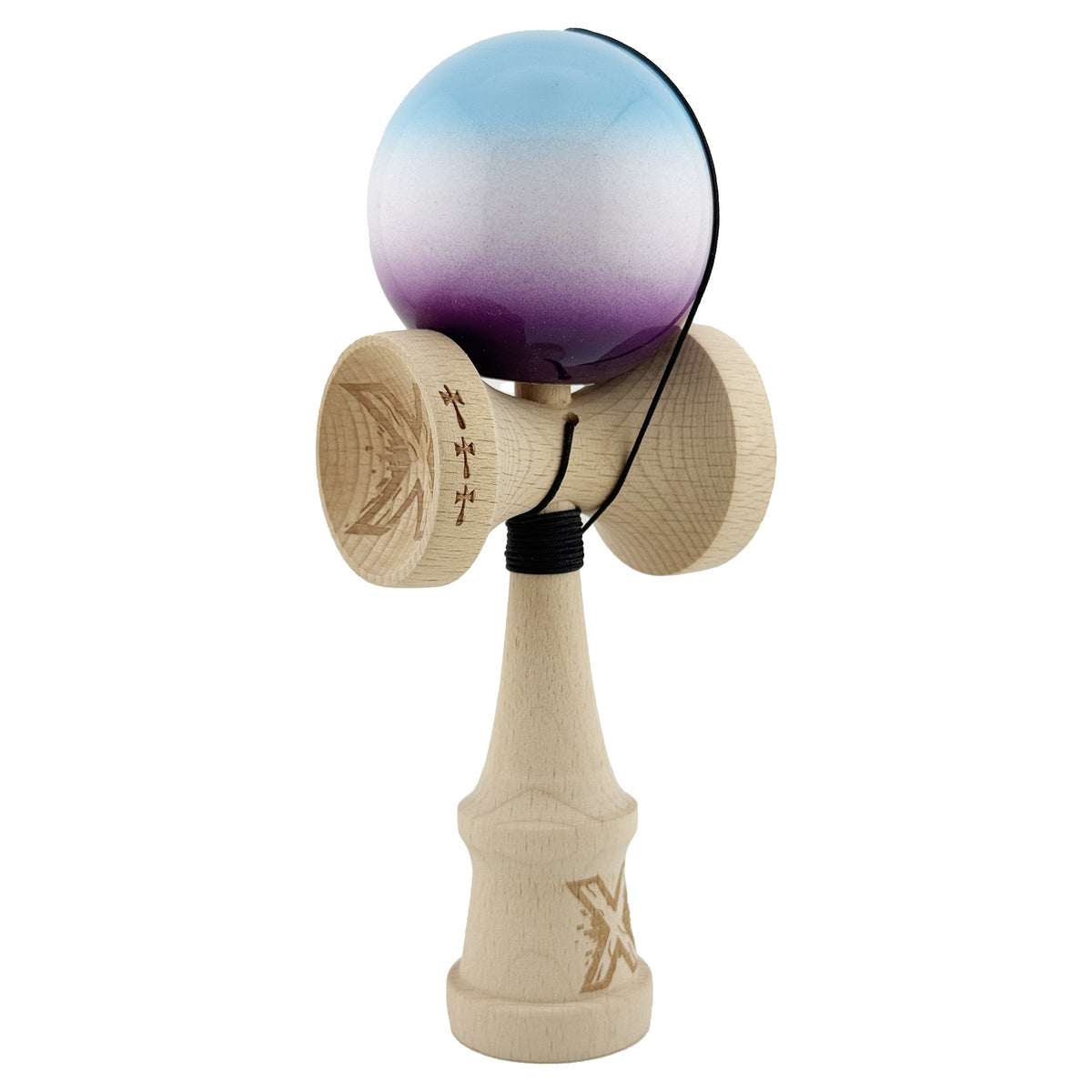 Kendama X Originala, Model Albastru / Alb / Mov in Degrade, Profesionala, Cupe Mari, Super Sticky, Rulment, Ata 55cm