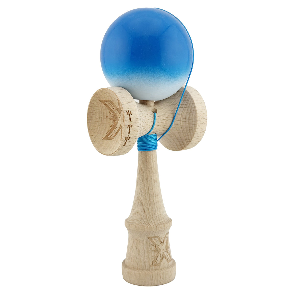 Kendama X Originala, Model Albastru / Alb in Degrade, Profesionala, Cupe Mari, Super Sticky, Rulment, Ata 55cm