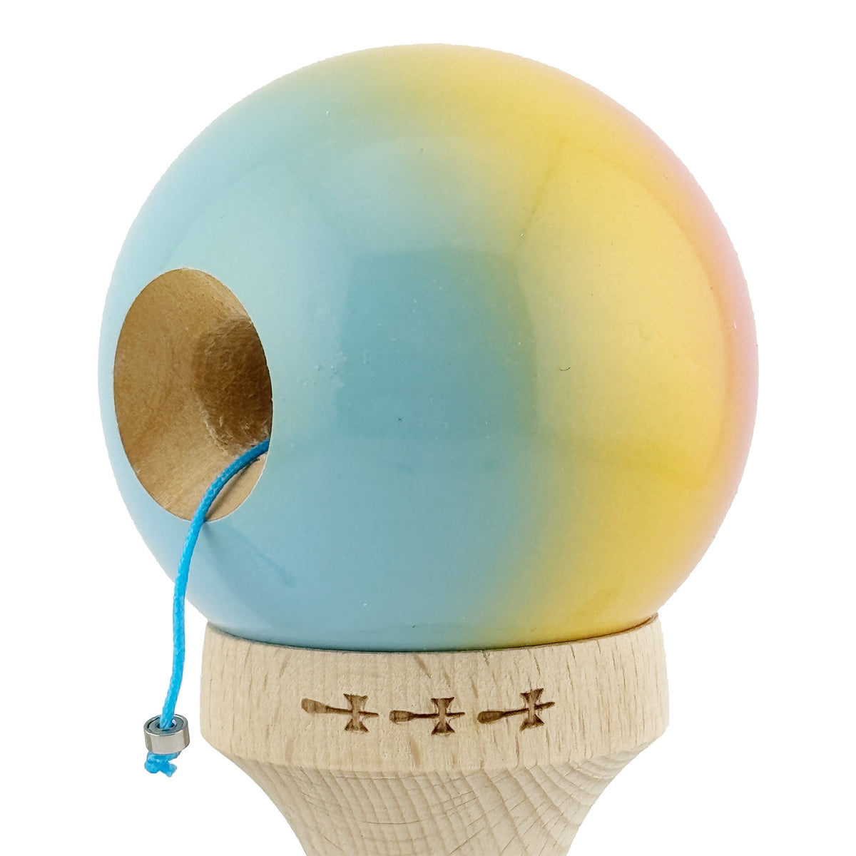 Kendama X Originala, Model Roz / Galben / Albastru in Degrade, Profesionala, Cupe Mari, Super Sticky, Rulment, Ata 55cm