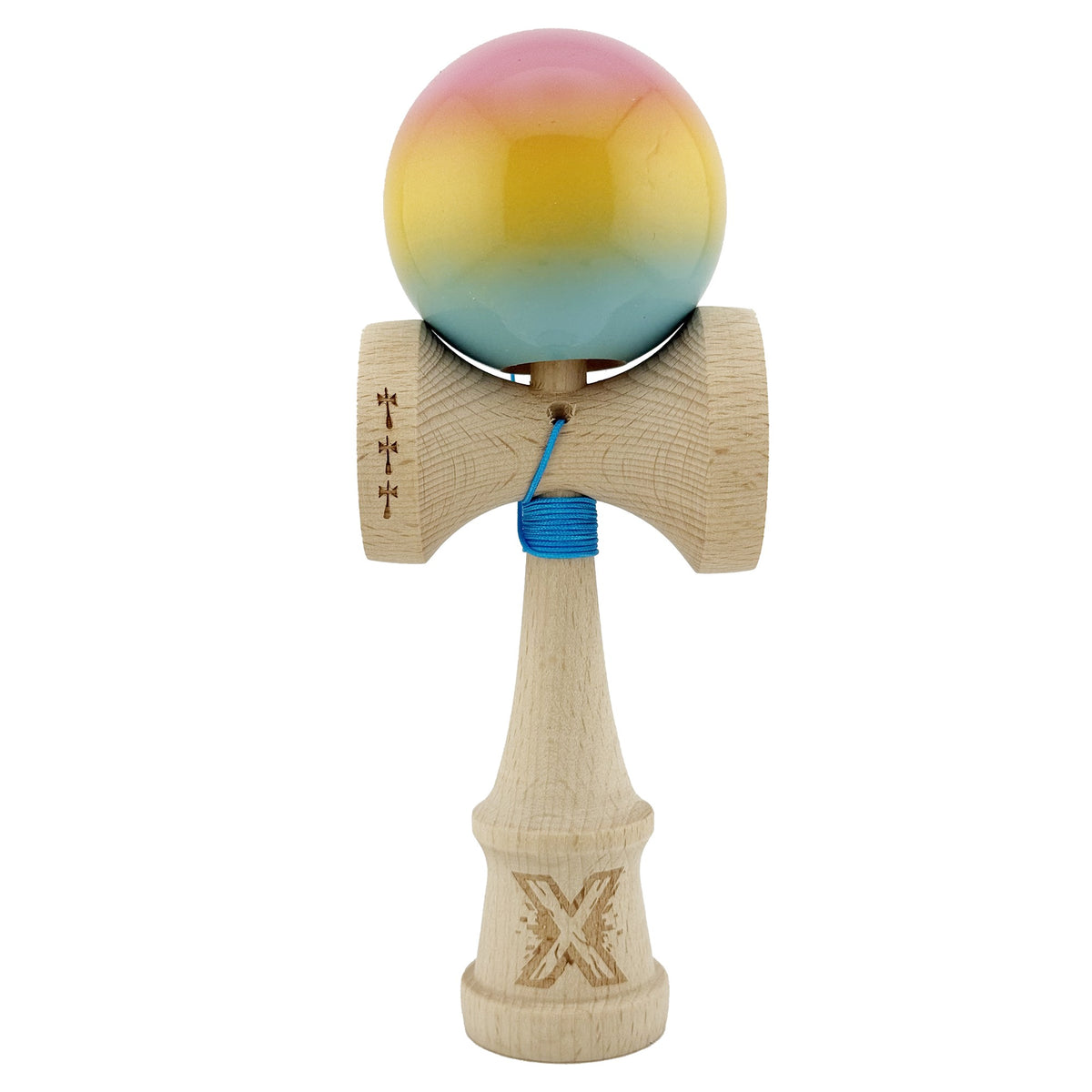 Kendama X Originala, Model Roz / Galben / Albastru in Degrade, Profesionala, Cupe Mari, Super Sticky, Rulment, Ata 55cm