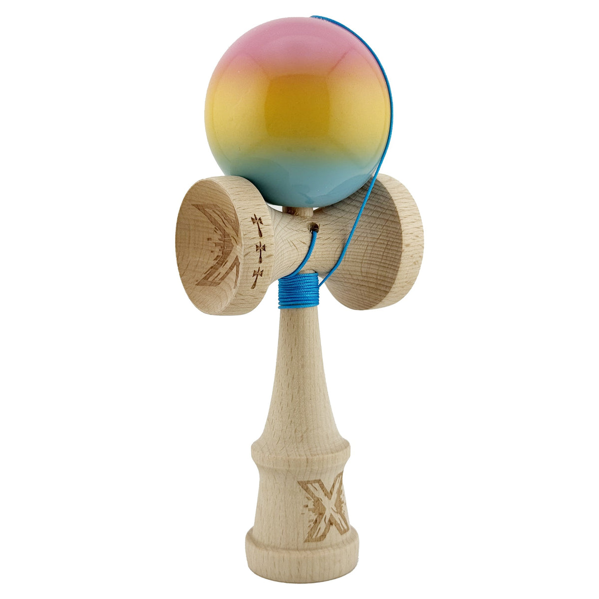 Kendama X Originala, Model Roz / Galben / Albastru in Degrade, Profesionala, Cupe Mari, Super Sticky, Rulment, Ata 55cm