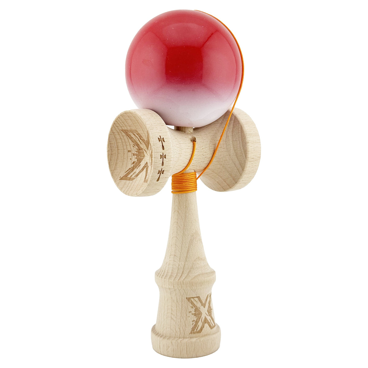 Kendama X Originala, Model Rosu / Alb in Degrade, Profesionala, Cupe Mari, Super Sticky, Rulment, Ata 55cm