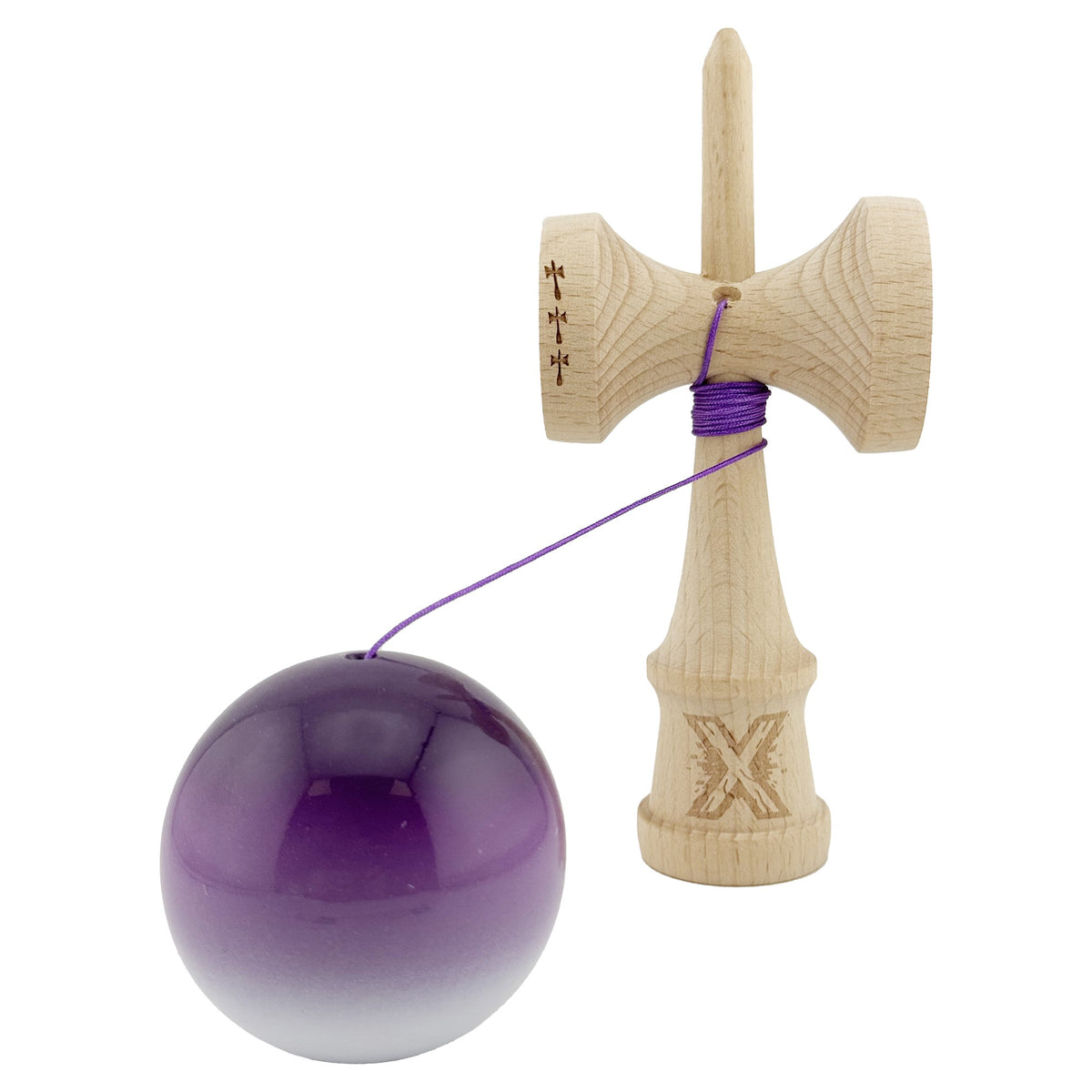 Kendama X Originala, Model Mov / Alb in Degrade, Profesionala, Cupe Mari, Super Sticky, Rulment, Ata 55cm