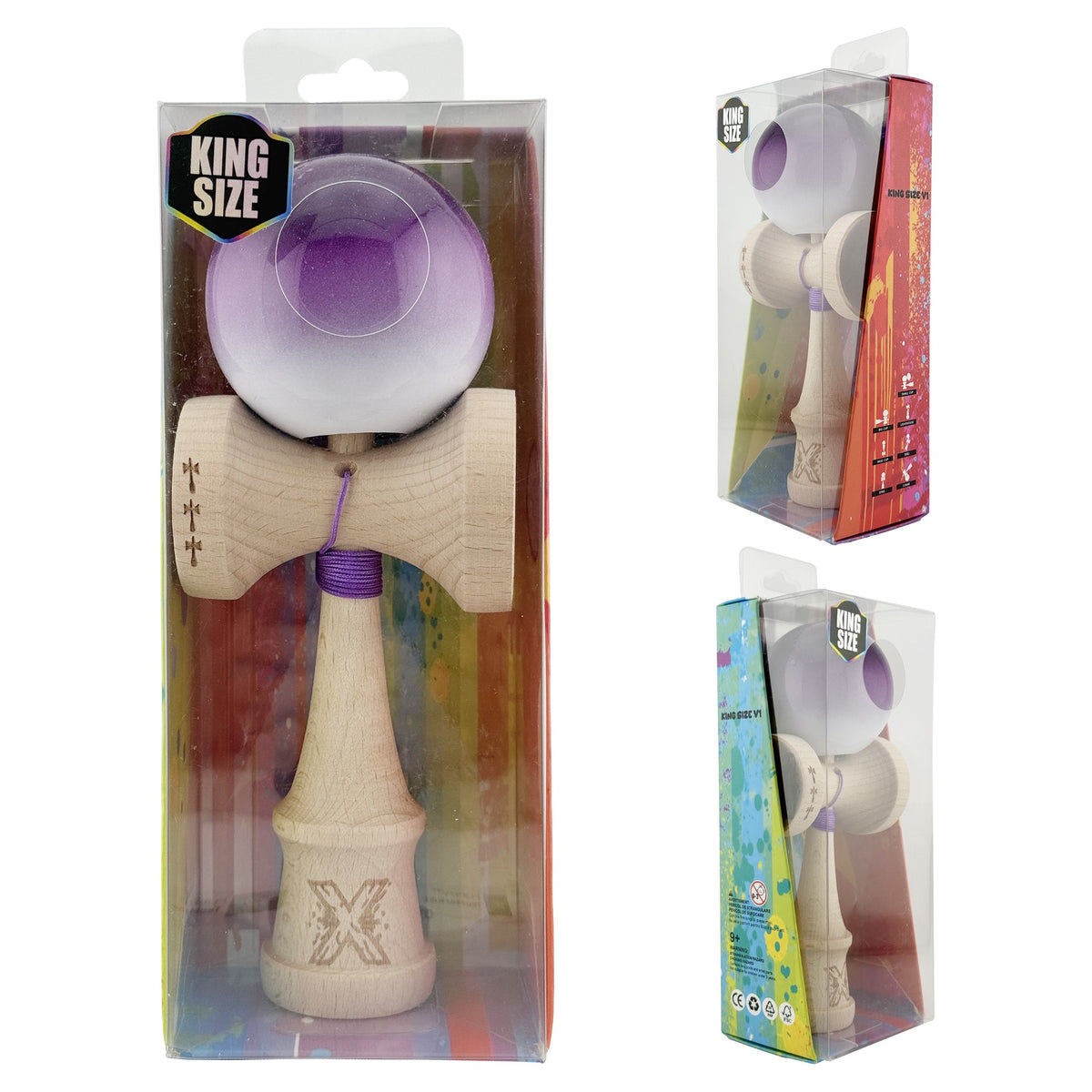 Kendama X Originala, Model Mov / Alb in Degrade, Profesionala, Cupe Mari, Super Sticky, Rulment, Ata 55cm