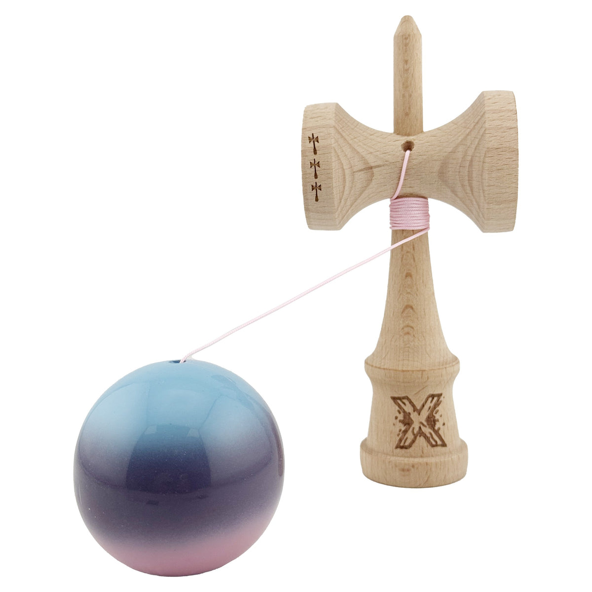 Kendama X Originala, Model Albastru / Mov / Roz in Degrade, Profesionala, Cupe Mari, Super Sticky, Rulment, Ata 55cm