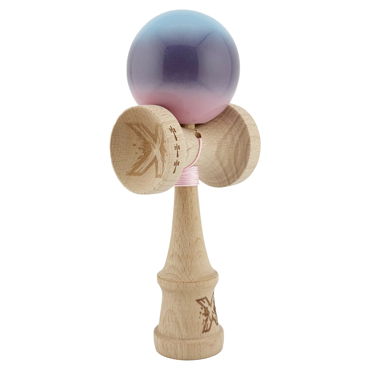 Kendama X Originala, Model Albastru / Mov / Roz in Degrade, Profesionala, Cupe Mari, Super Sticky, Rulment, Ata 55cm