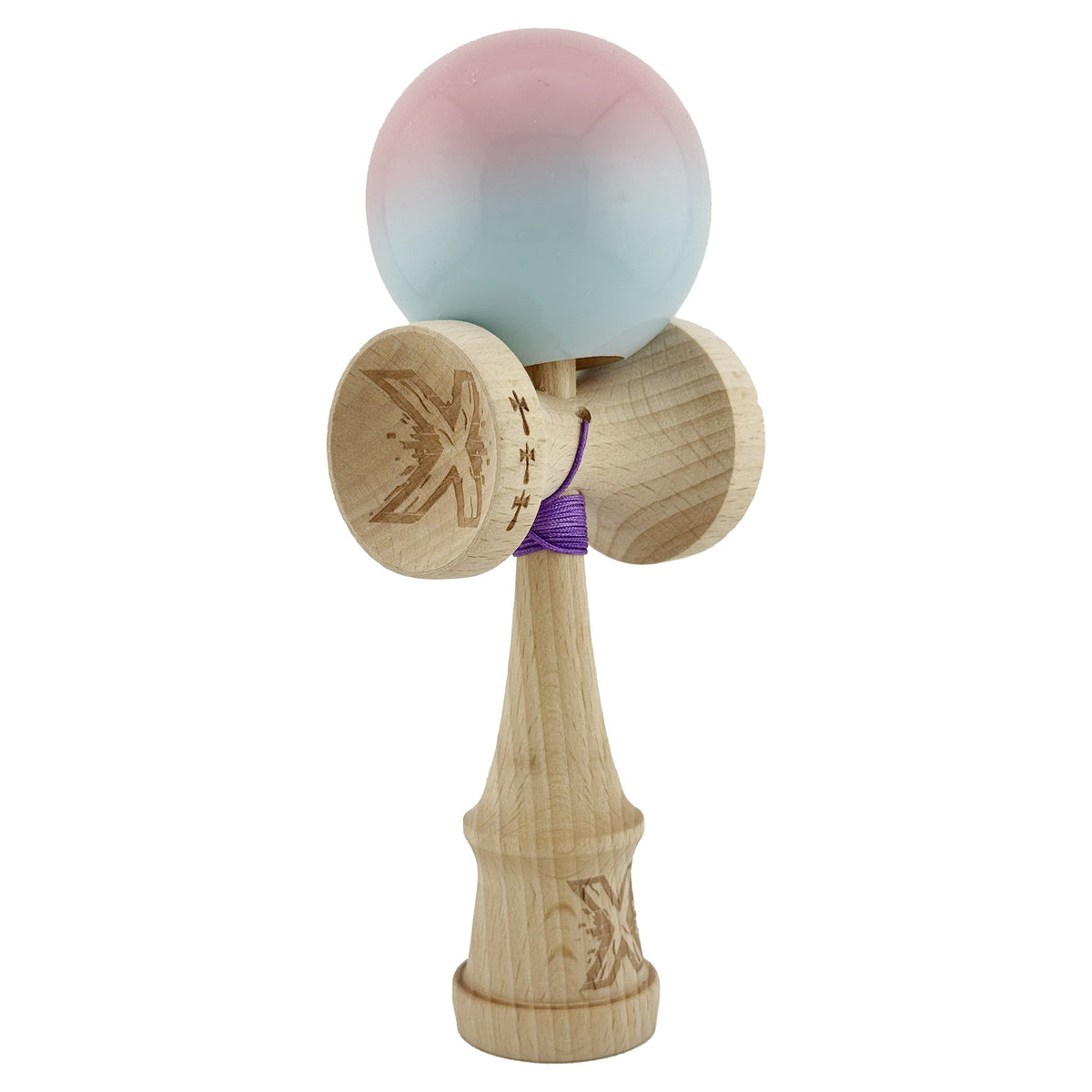 Kendama X Originala, Model Roz / Verde Deschis in Degrade, Profesionala, Cupe Mari, Super Sticky, Rulment, Ata 55cm