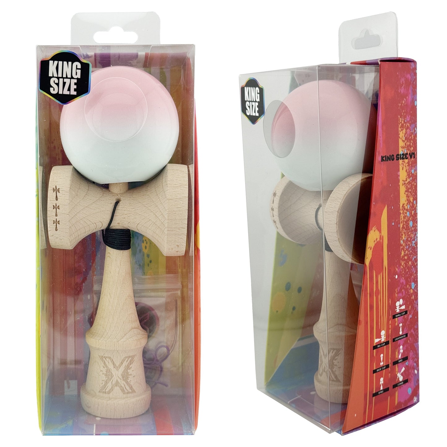 Kendama X Originala, Model Roz / Verde Deschis in Degrade, Profesionala, Cupe Mari, Super Sticky, Rulment, Ata 55cm