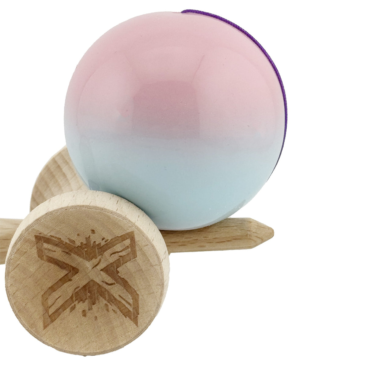 Kendama X Originala, Model Roz / Verde Deschis in Degrade, Profesionala, Cupe Mari, Super Sticky, Rulment, Ata 55cm