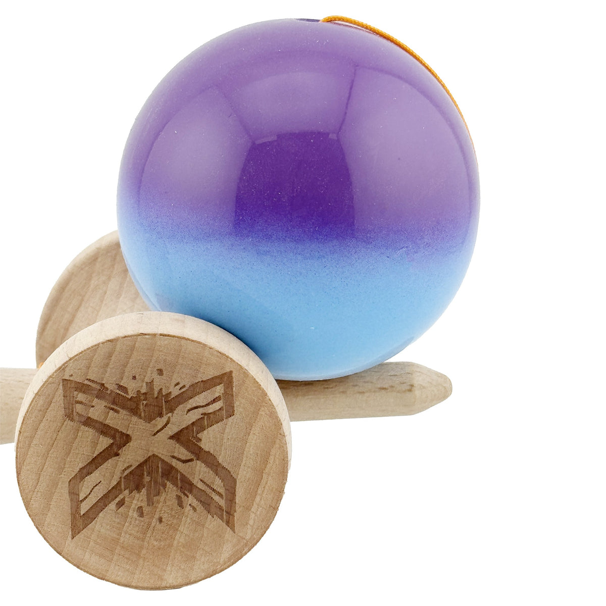 Kendama X Originala, Model Mov / Albastru in Degrade, Profesionala, Cupe Mari, Super Sticky, Rulment, Ata 55cm