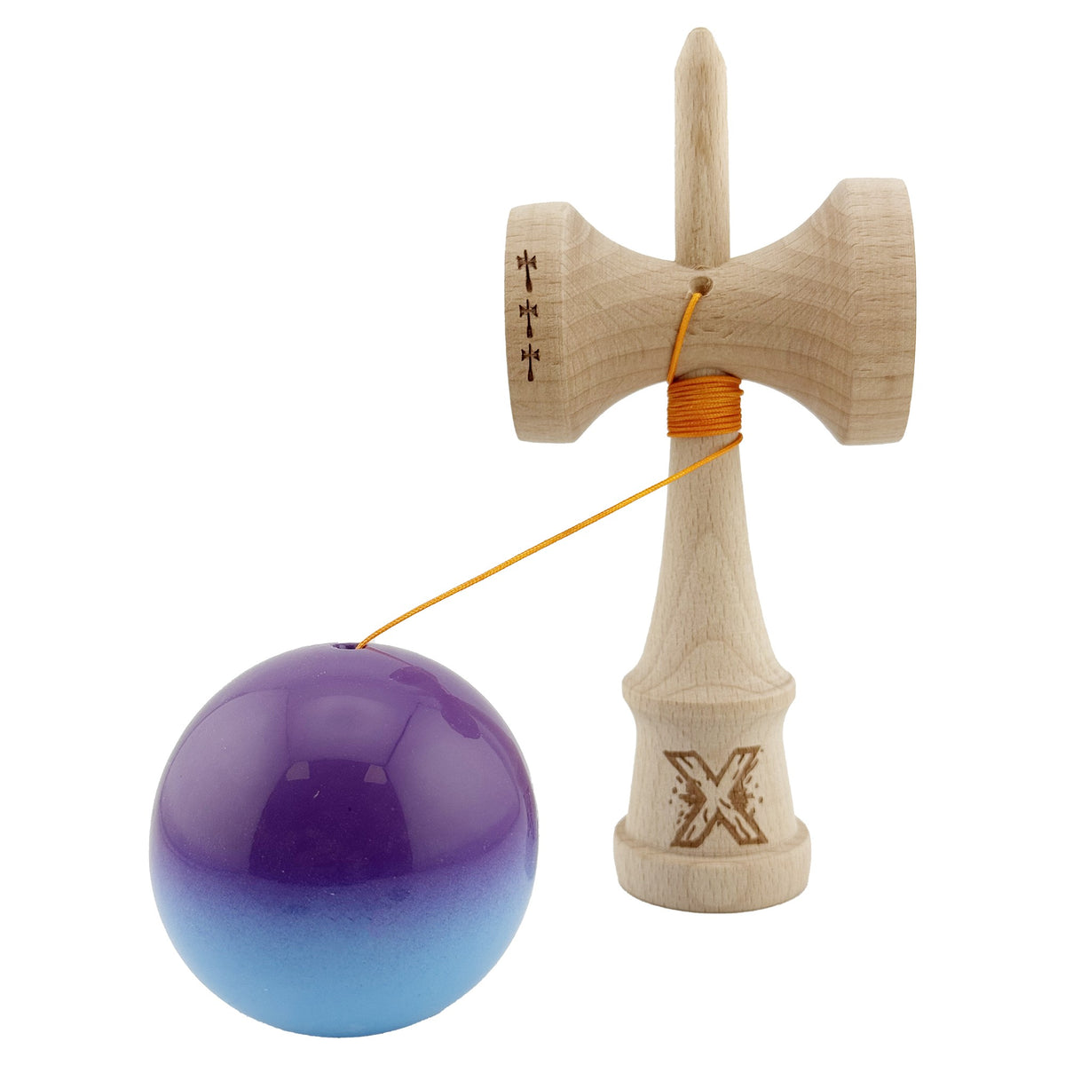 Kendama X Originala, Model Mov / Albastru in Degrade, Profesionala, Cupe Mari, Super Sticky, Rulment, Ata 55cm