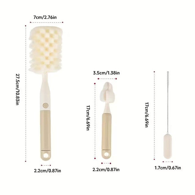 Set Perii de Spalat Biberoane, Tetine si Paie, Curatare 360 Grade, Maner Ergonomic, Polipropilena si Burete, Fara BPA, Bej, 3 Piese