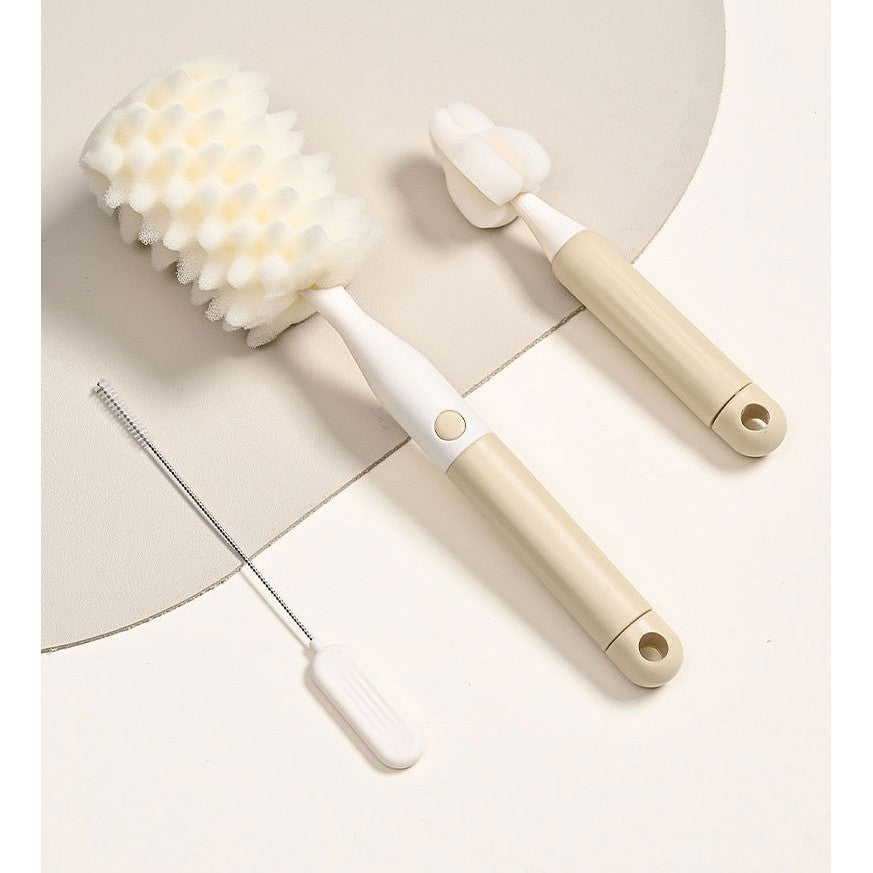 Set Perii de Spalat Biberoane, Tetine si Paie, Curatare 360 Grade, Maner Ergonomic, Polipropilena si Burete, Fara BPA, Bej, 3 Piese