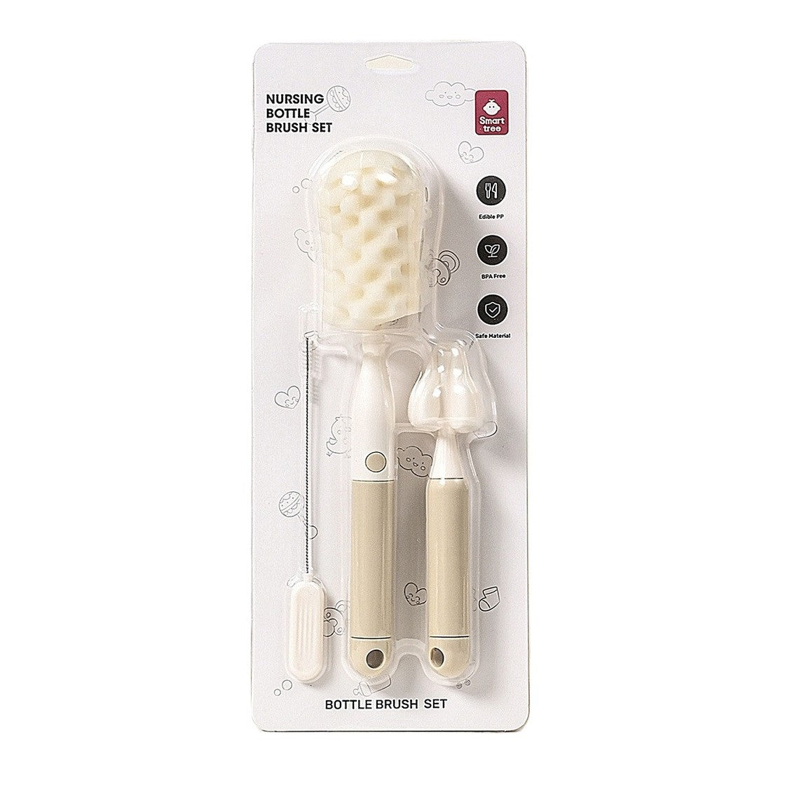 Set Perii de Spalat Biberoane, Tetine si Paie, Curatare 360 Grade, Maner Ergonomic, Polipropilena si Burete, Fara BPA, Bej, 3 Piese