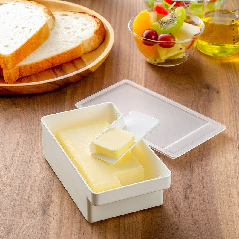 Cutie Pentru Unt Cu Capac Si Spatula Pentru Portionare, Recipient Depozitare Multifunctional, Plastic PP Alimentar, 15.9 x 8.8 x 4.9 cm, Alb