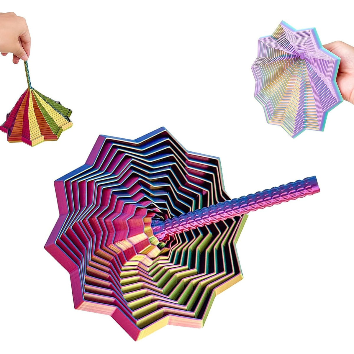 Jucarie Decompresie Anti-stress, Stea 3D Geometrica Extensibila cu Maner Spirala, Turn Magic Senzorial, Material PLA, 8.6 cm, DuoChrome Albastru/Verde/Rosu