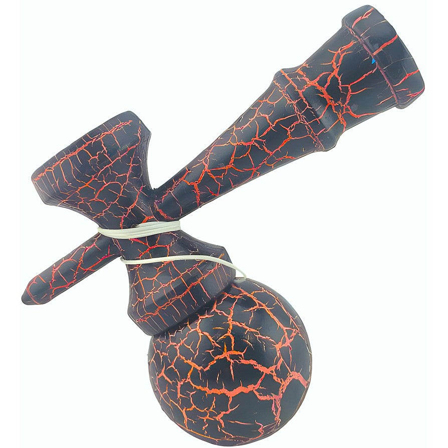 Kendama X Originala Berbis – Jucarie Interactiva din Lemn, 18 cm, Joc de Indemanare pentru Copii si Adulti, Design Cracked Negru-Portocaliu