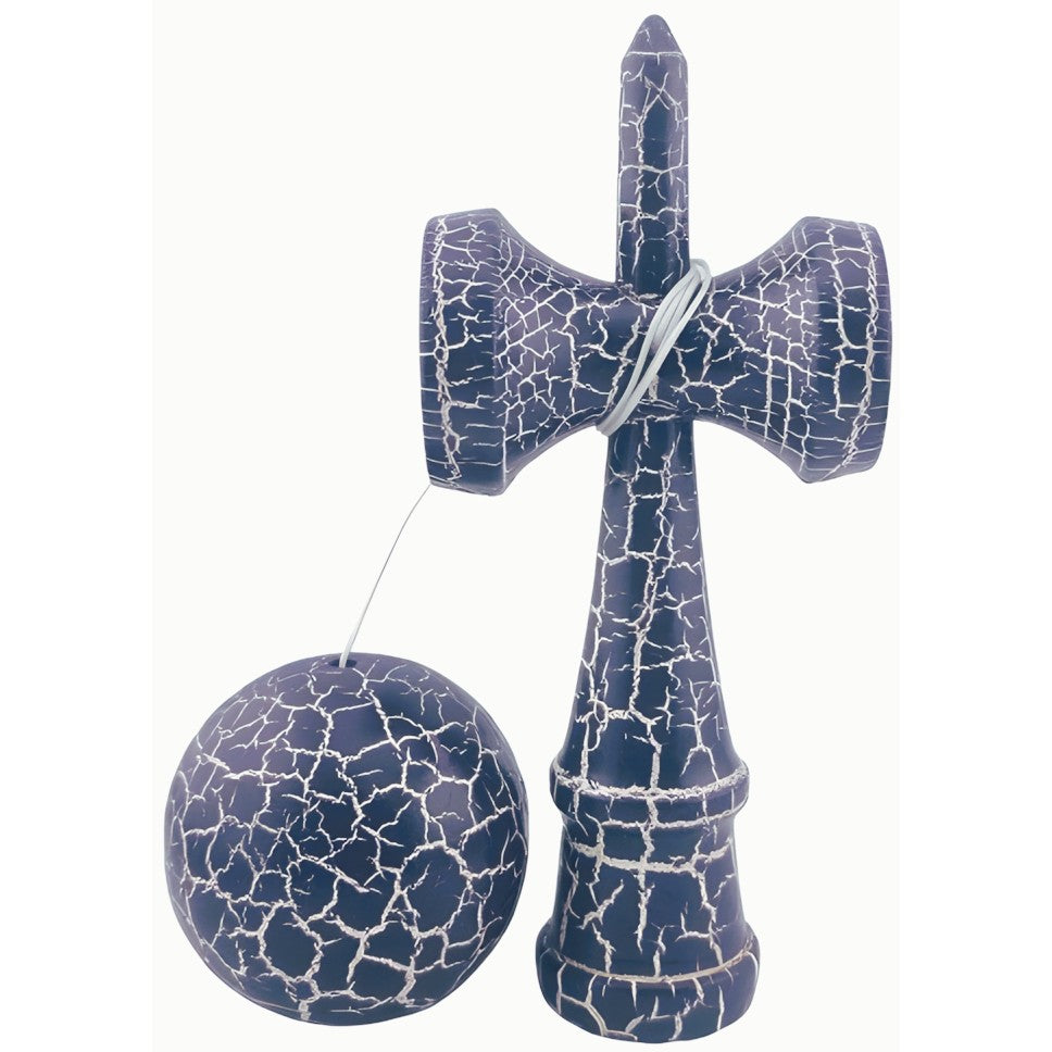 Kendama X Originala Berbis – Jucarie Interactiva din Lemn, 18 cm, Joc de Indemanare pentru Copii si Adulti, Design Cracked Albastru Inchis-Gri