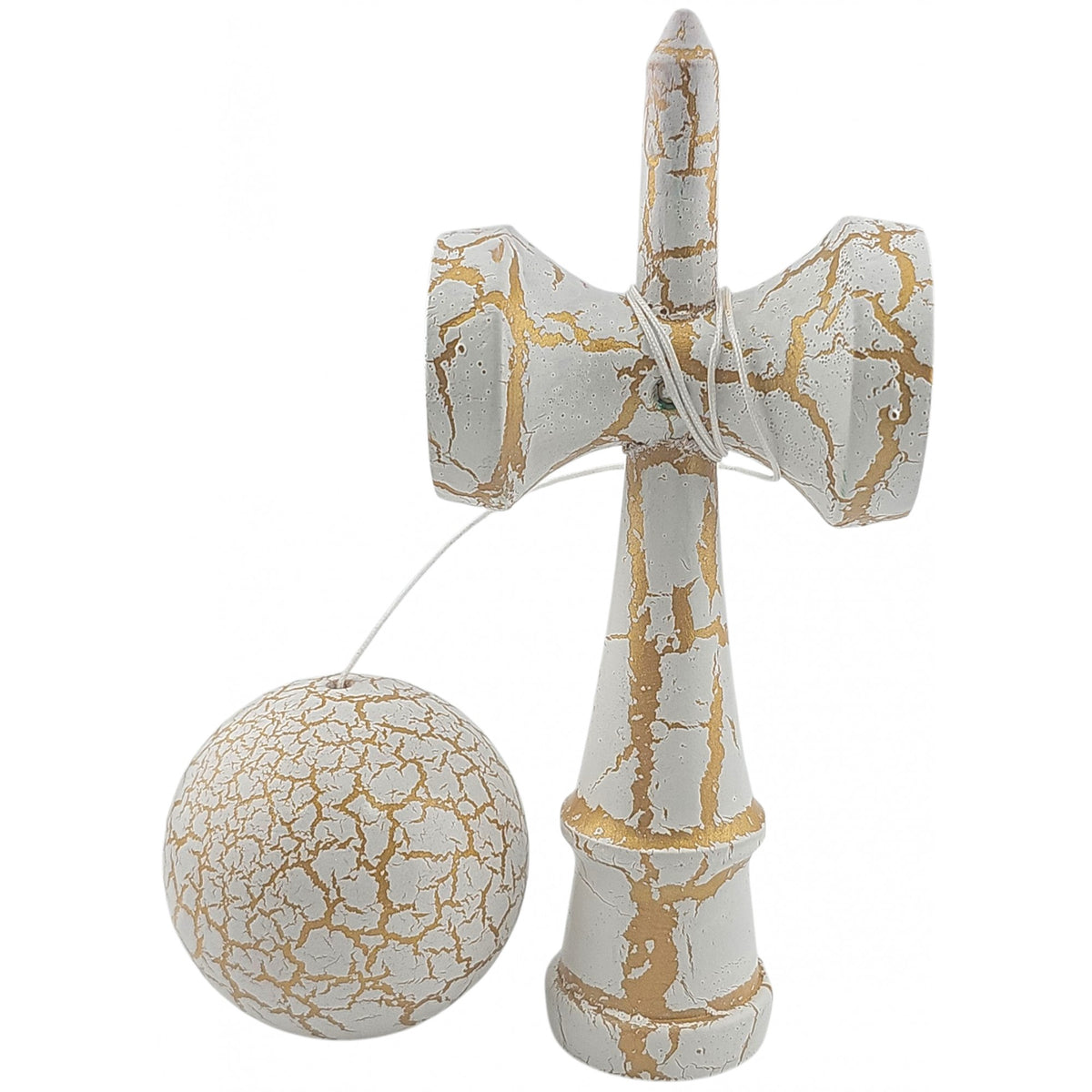 Kendama X Originala Berbis – Jucarie Interactiva din Lemn, 18 cm, Joc de Indemanare pentru Copii si Adulti, Design Cracked Alb-Galben
