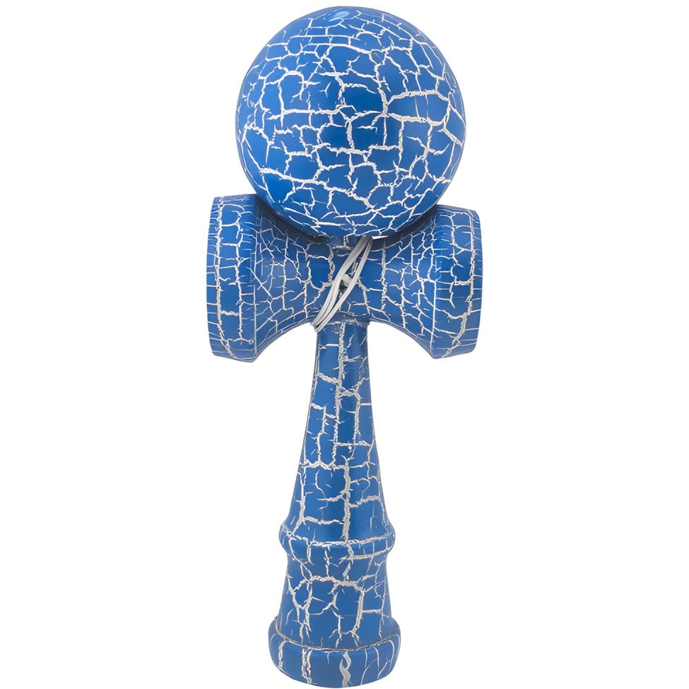 Kendama X Originala Berbis – Jucarie Interactiva din Lemn, 18 cm, Joc de Indemanare pentru Copii si Adulti, Design Cracked Albastru-Alb