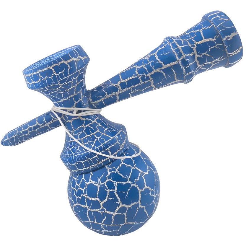 Kendama X Originala Berbis – Jucarie Interactiva din Lemn, 18 cm, Joc de Indemanare pentru Copii si Adulti, Design Cracked Albastru-Alb