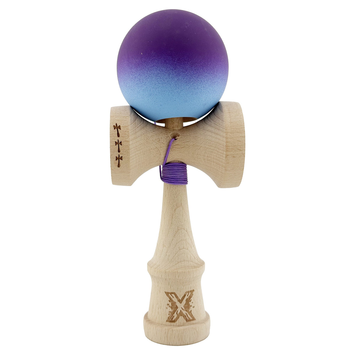 Kendama X Originala, Model Violet / Albastru in Degrade, Profesionala, Cupe Mari, Rubber Grip, Rulment, Ata 55cm