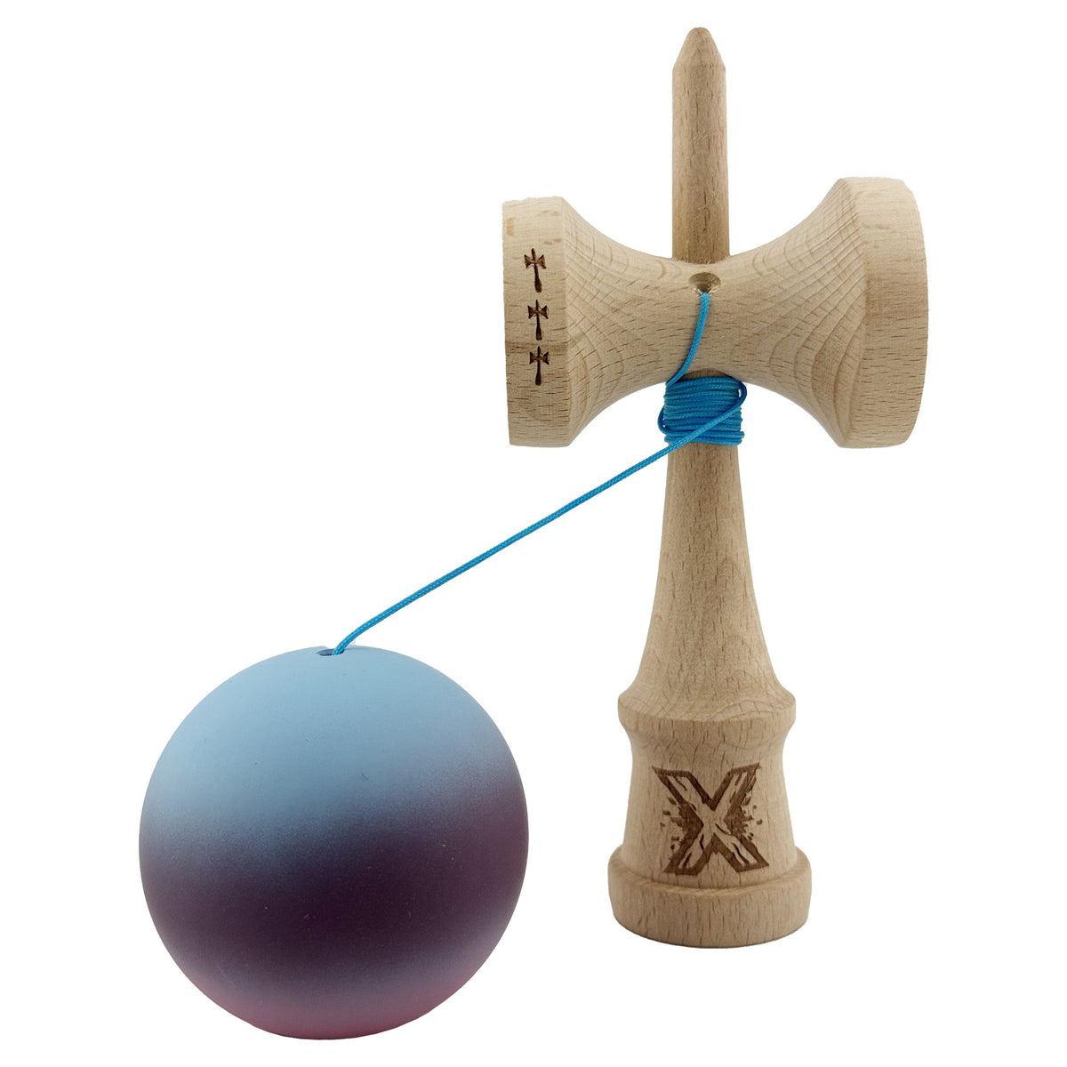 Kendama X Originala, Model Albastru / Mov / Roz in Degrade, Profesionala, Cupe Mari, Rubber Grip, Rulment, Ata 55cm