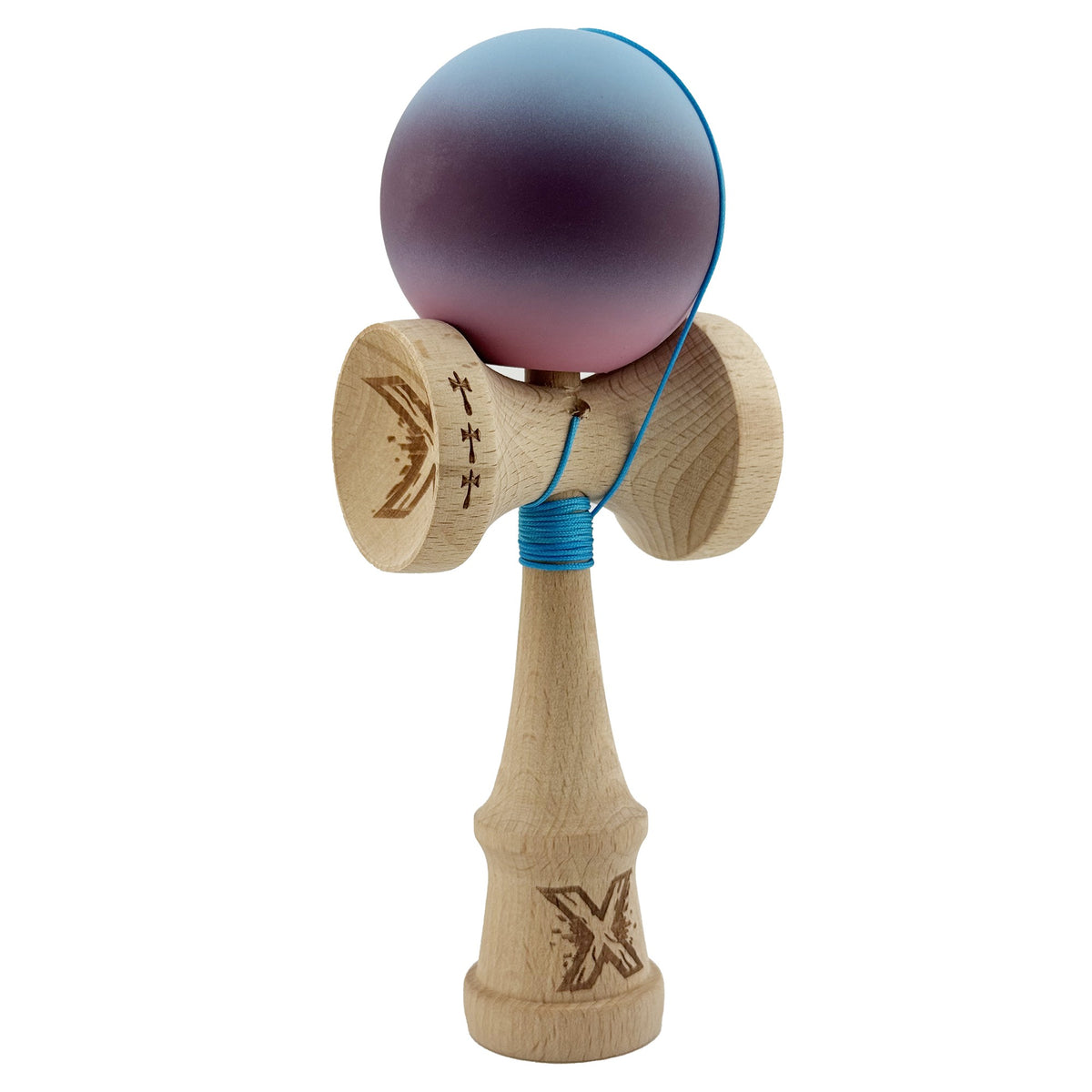 Kendama X Originala, Model Albastru / Mov / Roz in Degrade, Profesionala, Cupe Mari, Rubber Grip, Rulment, Ata 55cm