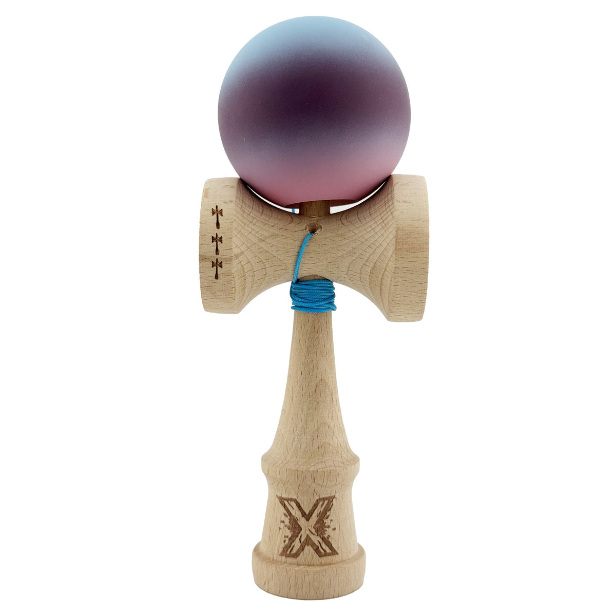 Kendama X Originala, Model Albastru / Mov / Roz in Degrade, Profesionala, Cupe Mari, Rubber Grip, Rulment, Ata 55cm