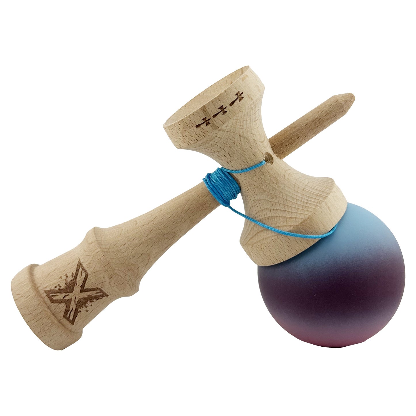 Kendama X Originala, Model Albastru / Mov / Roz in Degrade, Profesionala, Cupe Mari, Rubber Grip, Rulment, Ata 55cm