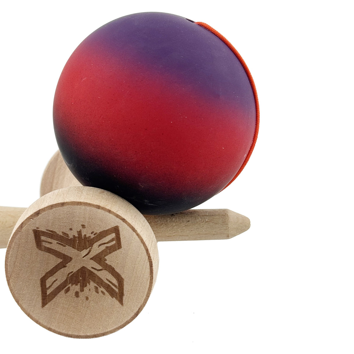 Kendama X Originala, Model Mov / Rosu / Negru in Degrade, Profesionala, Cupe Mari, Rubber Grip, Rulment, Ata 55cm