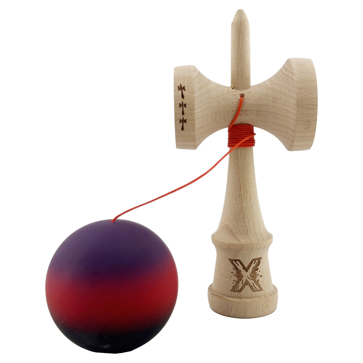 Kendama X Originala, Model Mov / Rosu / Negru in Degrade, Profesionala, Cupe Mari, Rubber Grip, Rulment, Ata 55cm