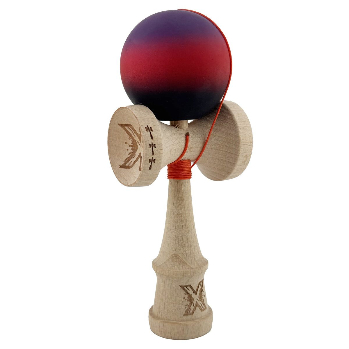 Kendama X Originala, Model Mov / Rosu / Negru in Degrade, Profesionala, Cupe Mari, Rubber Grip, Rulment, Ata 55cm