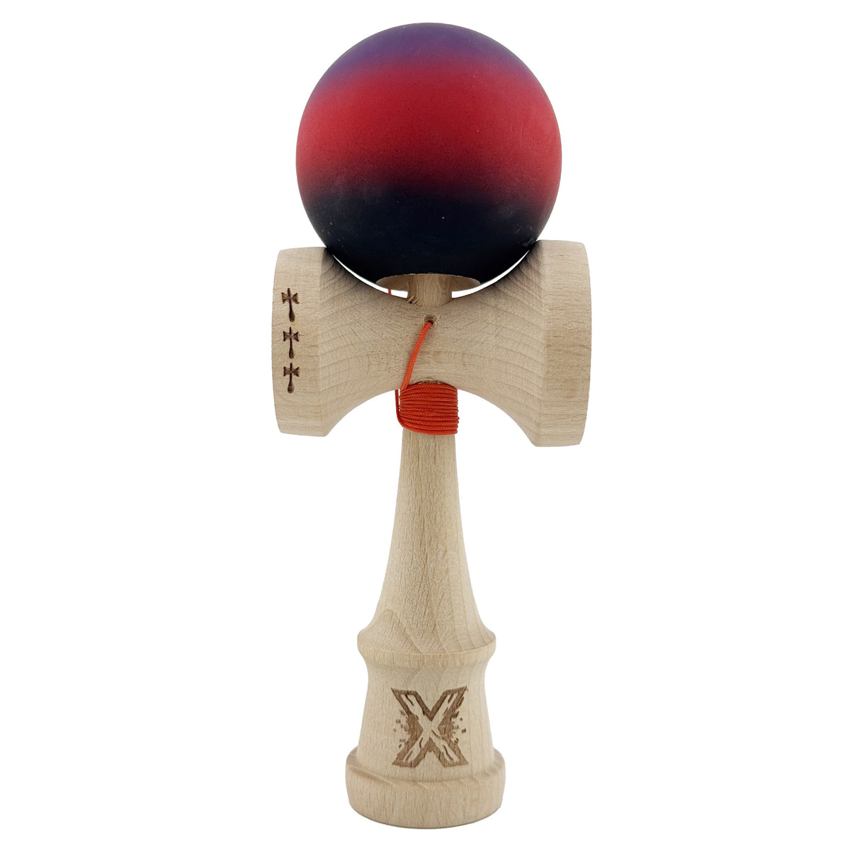 Kendama X Originala, Model Mov / Rosu / Negru in Degrade, Profesionala, Cupe Mari, Rubber Grip, Rulment, Ata 55cm