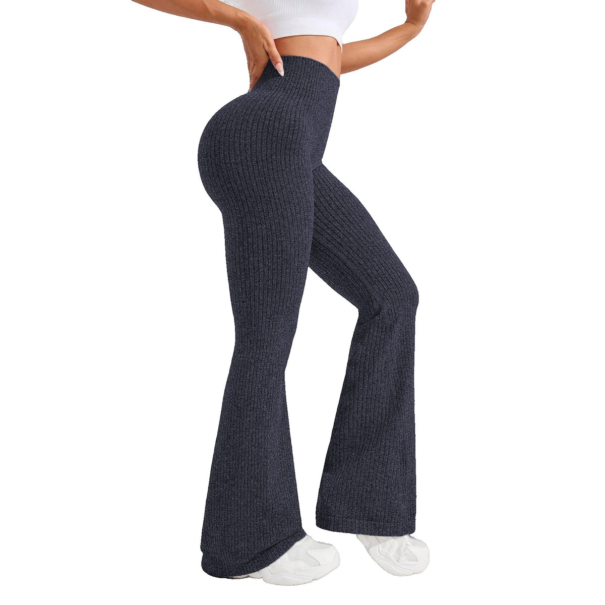 Pantaloni Sport Dama Pentru Yoga si Fitness, Talie Inalta Fara Cusaturi, Croiala Evazata, Material Tricotat Elastic, Albastru Marin, Marime L