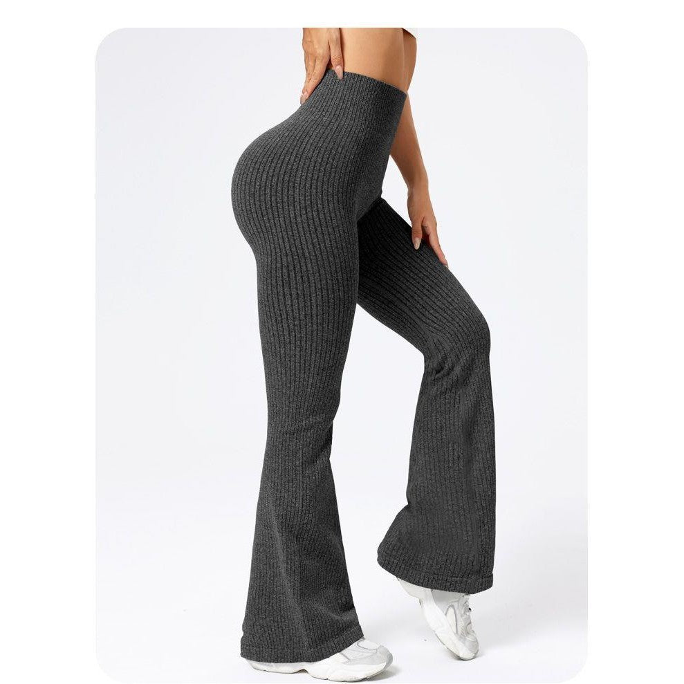 Pantaloni Sport Dama Pentru Yoga si Fitness, Talie Inalta Fara Cusaturi, Croiala Evazata, Material Tricotat Elastic, Negru, Marime XS