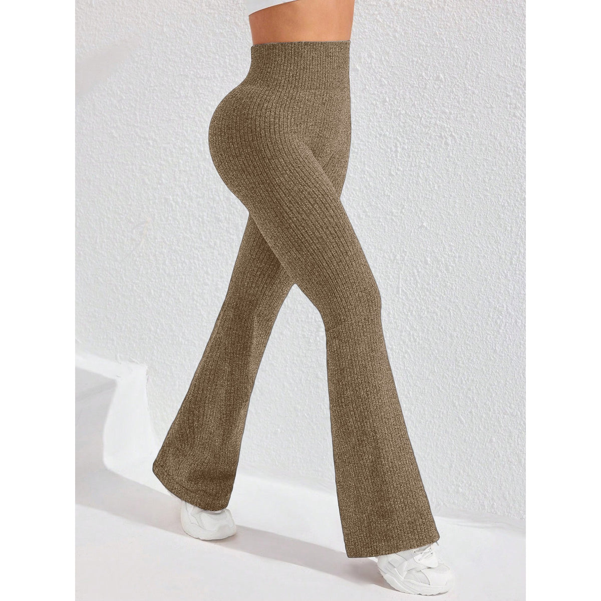 Pantaloni Sport Dama pentru Yoga si Fitness, Talie Inalta fara Cusaturi, Croiala Evazata, Material Tricotat Elastic, Khaki, Marime XL