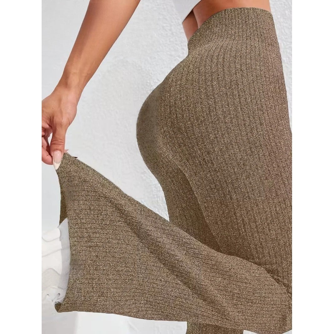 Pantaloni Sport Dama pentru Yoga si Fitness, Talie Inalta Fara Cusaturi, Croiala Evazata, Material Tricotat Elastic, Khaki, Marime L
