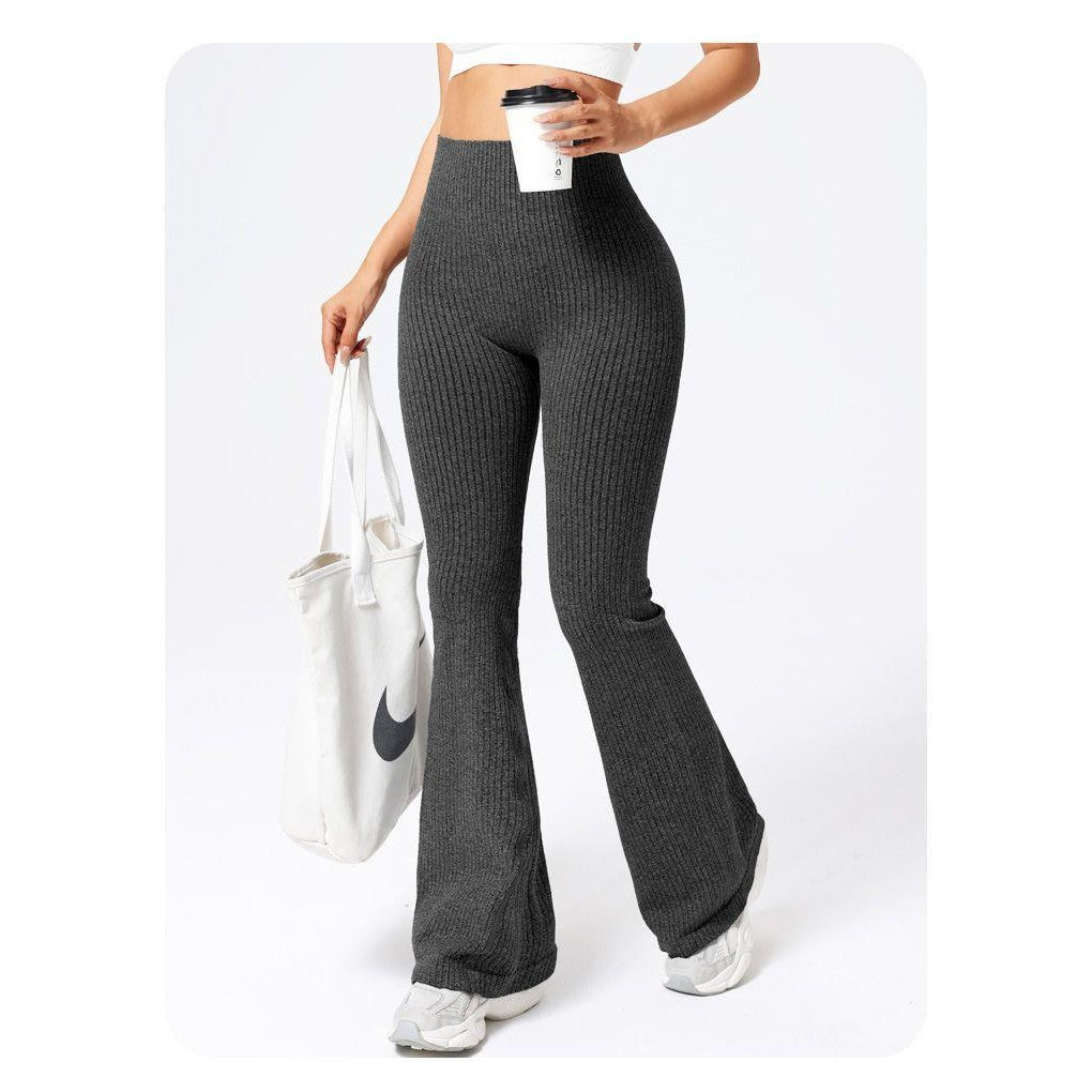 Pantaloni Sport Dama pentru Yoga si Fitness, Talie Inalta fara Cusaturi, Croiala Evazata, Material Tricotat Elastic, Negru, Marime L