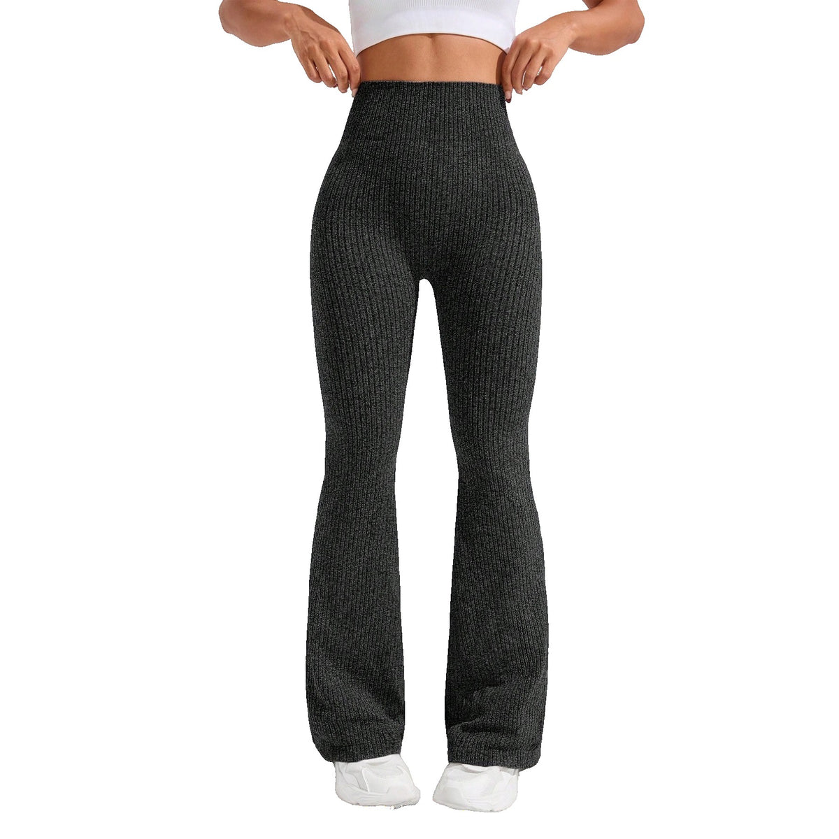 Pantaloni Sport Dama pentru Yoga si Fitness, Talie Inalta fara Cusaturi, Croiala Evazata, Material Tricotat Elastic, Negru, Marime XL