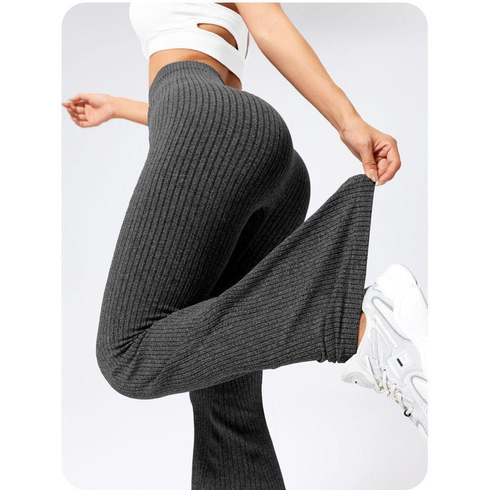 Pantaloni Sport Dama pentru Yoga si Fitness, Talie Inalta fara Cusaturi, Croiala Evazata, Material Tricotat Elastic, Negru, Marime XL