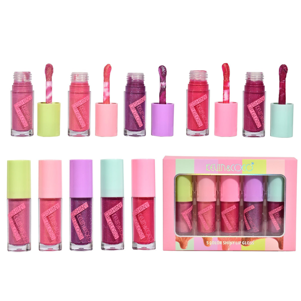 Kevin & Coco Set 5 Rujuri Lip Gloss, Efect Lucios si Sidefat pentru Volum, Dreamy Pink, Multicolor, 5 Bucati